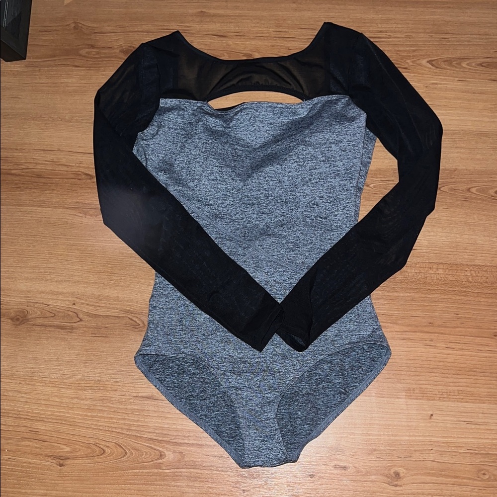 Long Sleeve Mesh Capezio Panel Gray Bodysuit with Black Sleeves